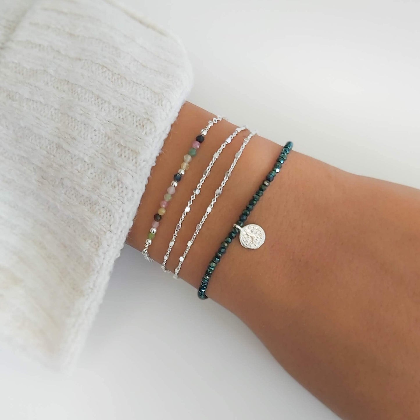 Annika Bella Double Chain Sterling Silver Bracelet, Length 6.5-7.5 Inches, 925 Chain Bracelets for Women, Everyday Jewelry for Women (Cubes Satellite chains)