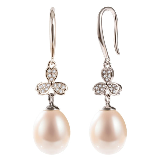 Pearl Drop Earrings for Women, Gold Plated & 925 Sterling Silver, Pink & White Dangle Earrings, Dainty Cute Elegant Bridal Wedding Gift for Her