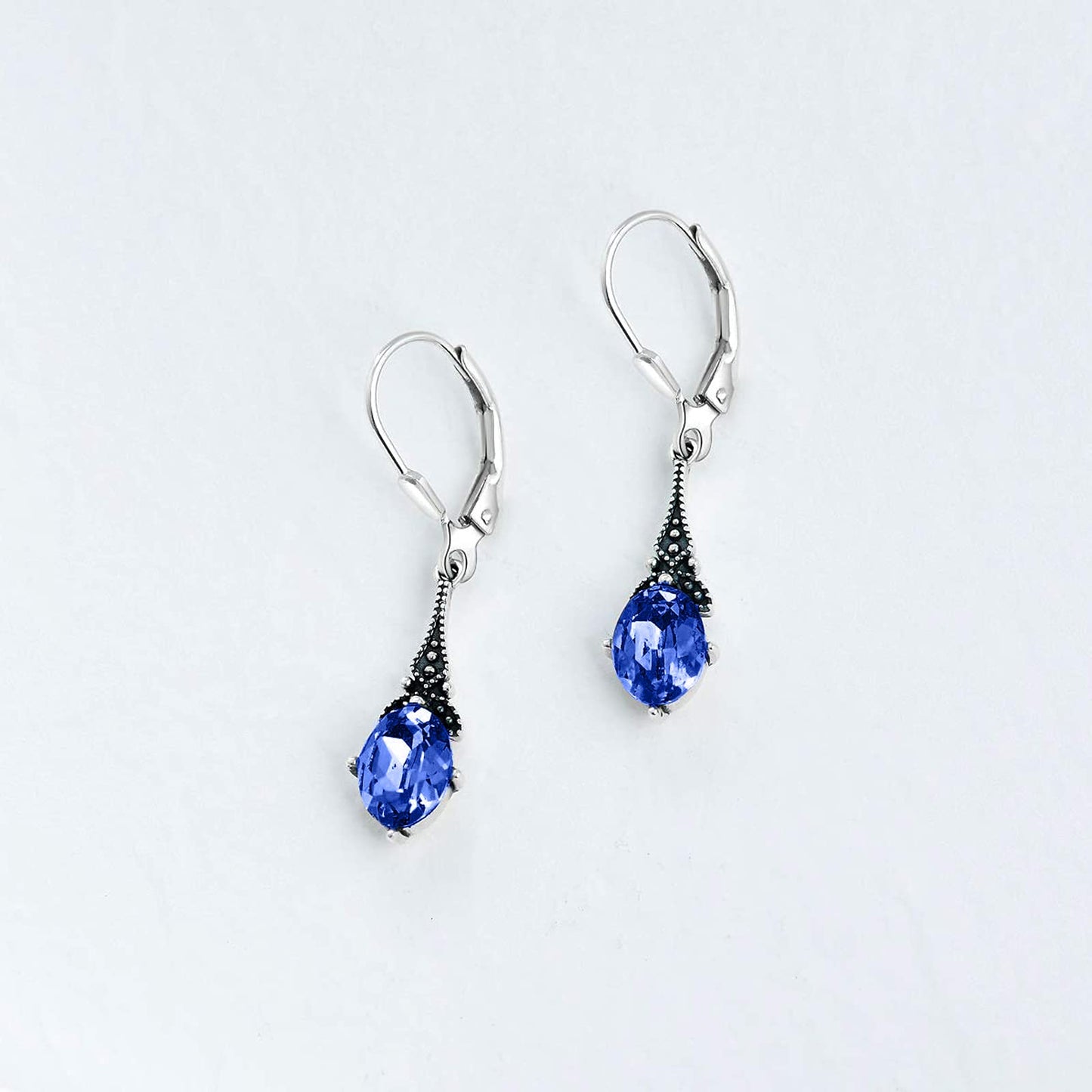 Sapphire Blue Vintage Leverback Earrings Sterling Silver Retro Drop Earrings with Oval Simulated September Birthstone Crystal from Austria, Birthday Jewelry Gifts for Women