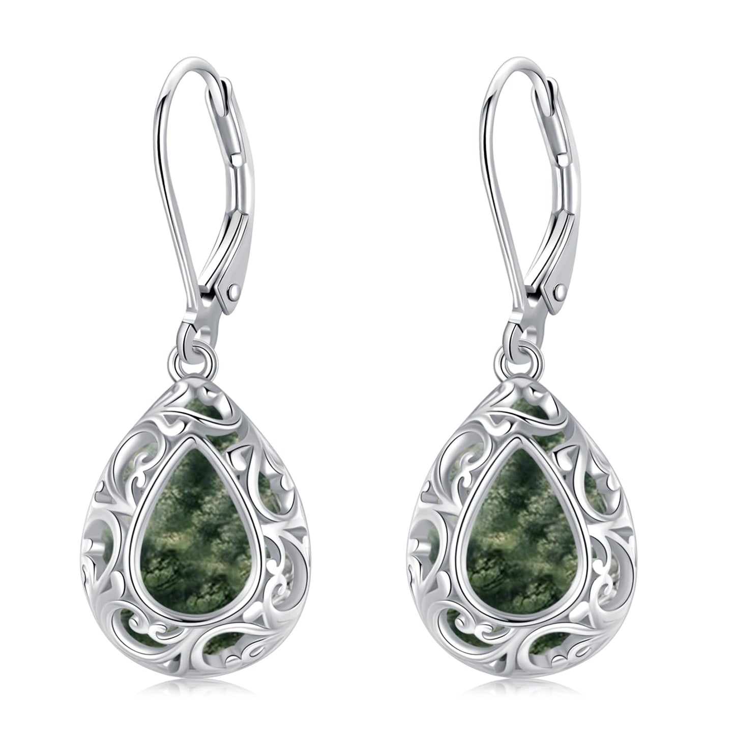 KoyeKei Filigree Moss Agate Leverback Earrings for Women 925 Sterling Silver Moss Agate Teardrop Dangle Drop Earrings Jewelry Filigree Graduation Birthday Gifts for Wife