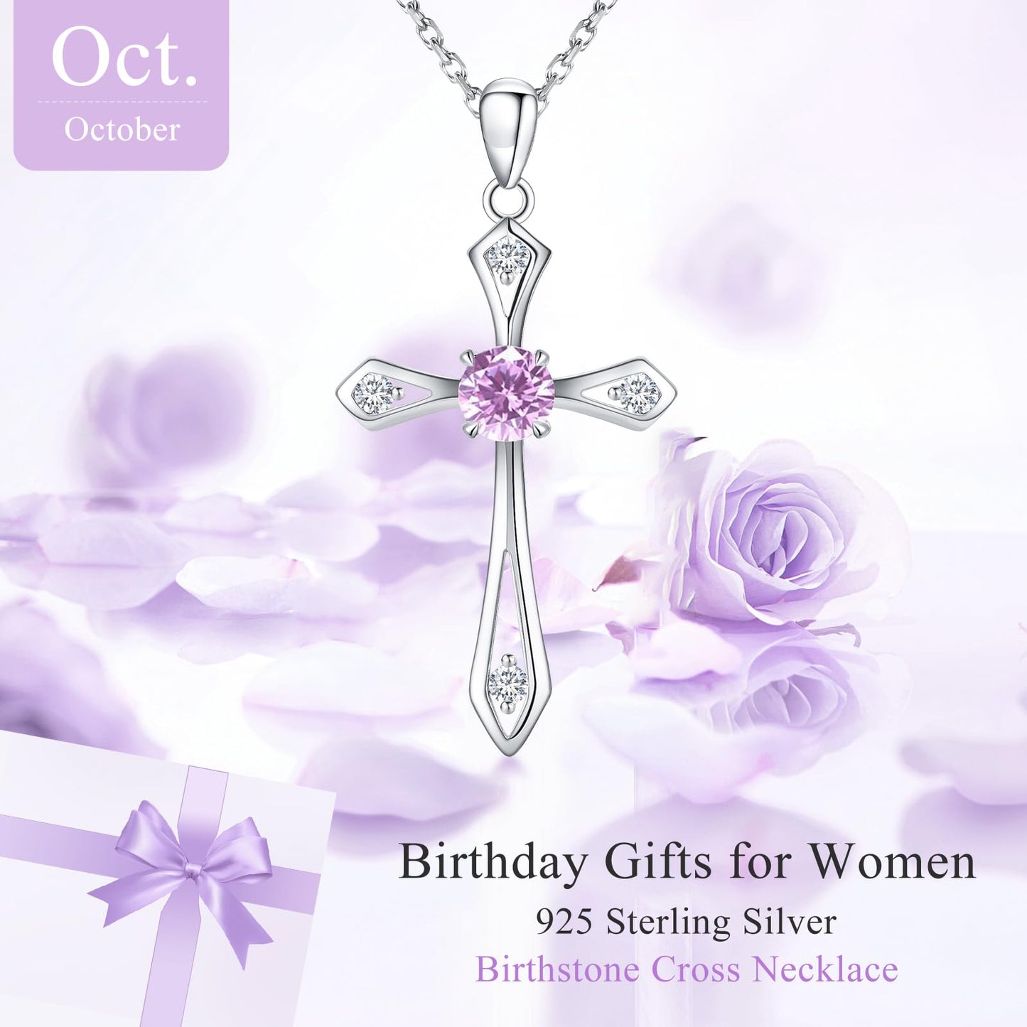 Cross Necklace for Women ,925 Sterling Silver Birthstone Necklace,Pink -October Birthstone Cross pendant jewelry,Faith Religious Fine Jewelry Valentines Day Gifts Birthday Holiday Gifts for Her