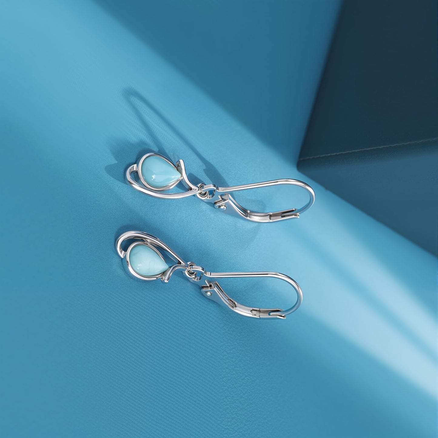 Gemsme Blue Larimar Dangle Earrings - 925 Sterling Silver Hypoallergenic Teardrop Drop Leverback Earrings Jewelry for Women