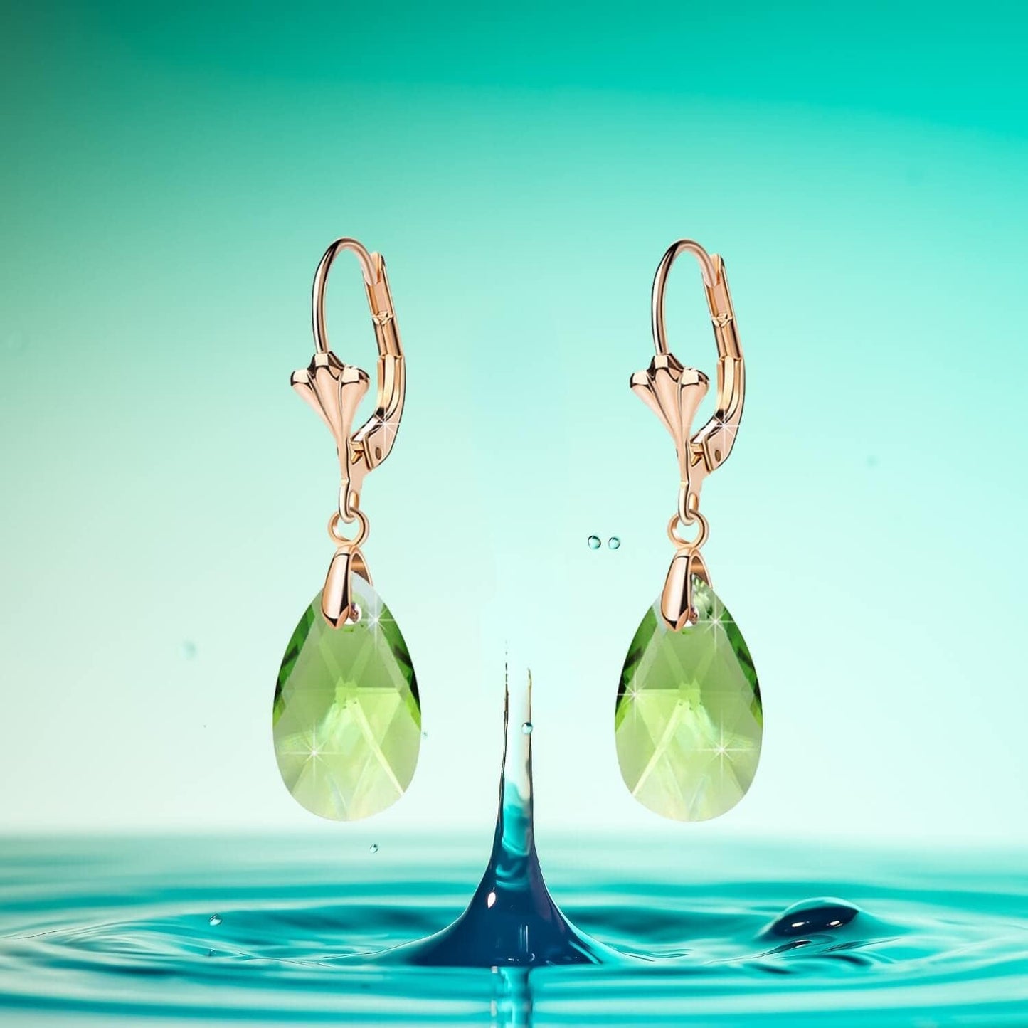 Austrian Crystal Teardrop Leverback Dangle Earrings for Women Fashion 14K Gold Plated Hypoallergenic Jewelry (Green)