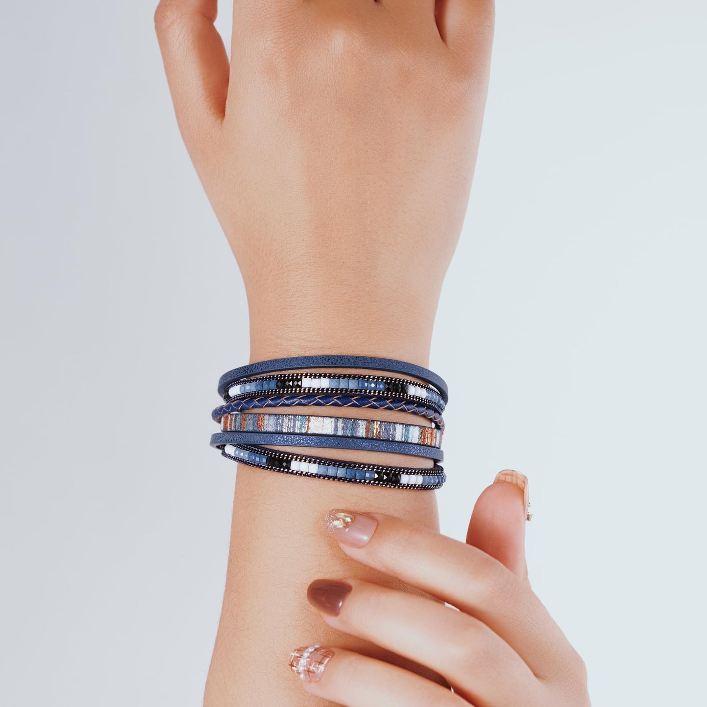 Becklynn Boho Leather Wrap Bracelets Beaded Crystal Stackable Cuff Bracelet with Magnetic Clasp Cowboy Cowgirl County Concert Outfits Western Jewelry Gifts for Women(Double Layer Navy)