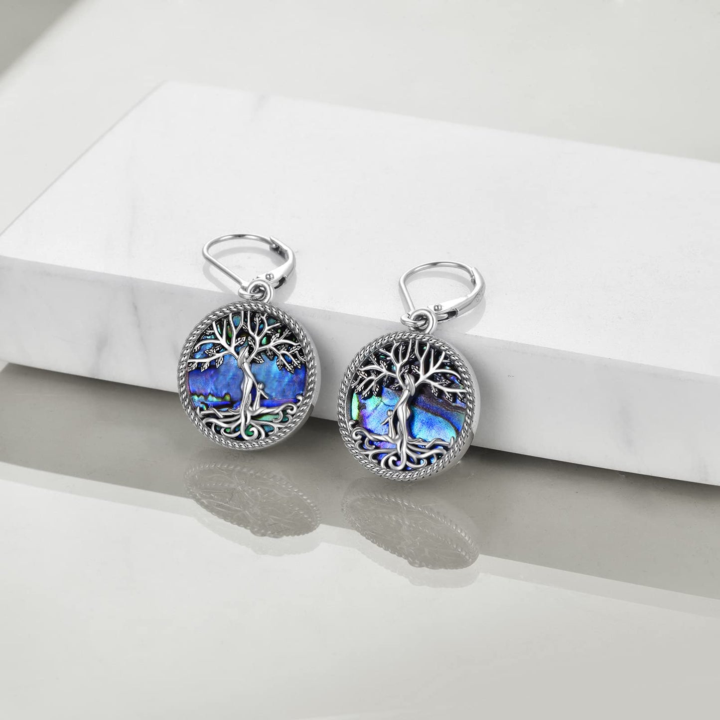 ONEFINITY Tree of Life Earrings 925 Sterling Silver Leverback Tree of Life Abalone Shell Dangle Drop Earrings for Women Jewelry Gifts