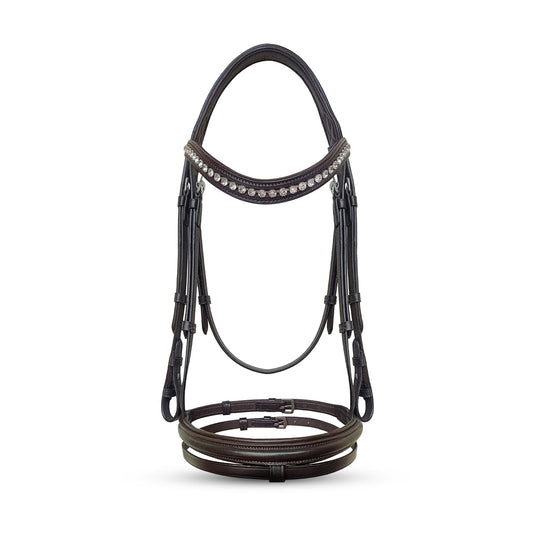 Equine Care Leather English Horse Bridle with Reins, Full Size Havana Brown, Raised Fancy-Stitched Hunter Show Bridle with Clear Crystal Browband, Padded Crownpiece, Stainless Steel Hardware