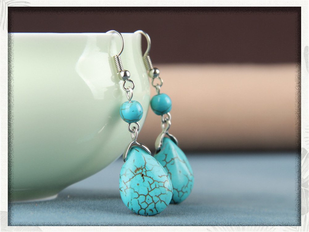 4th of July Earrings Blue Turquoise Drop Earrings Double Stone Round Bead Independence Day Dangle Earring for Women Fashion Jewelry Gift­ (E:blue)