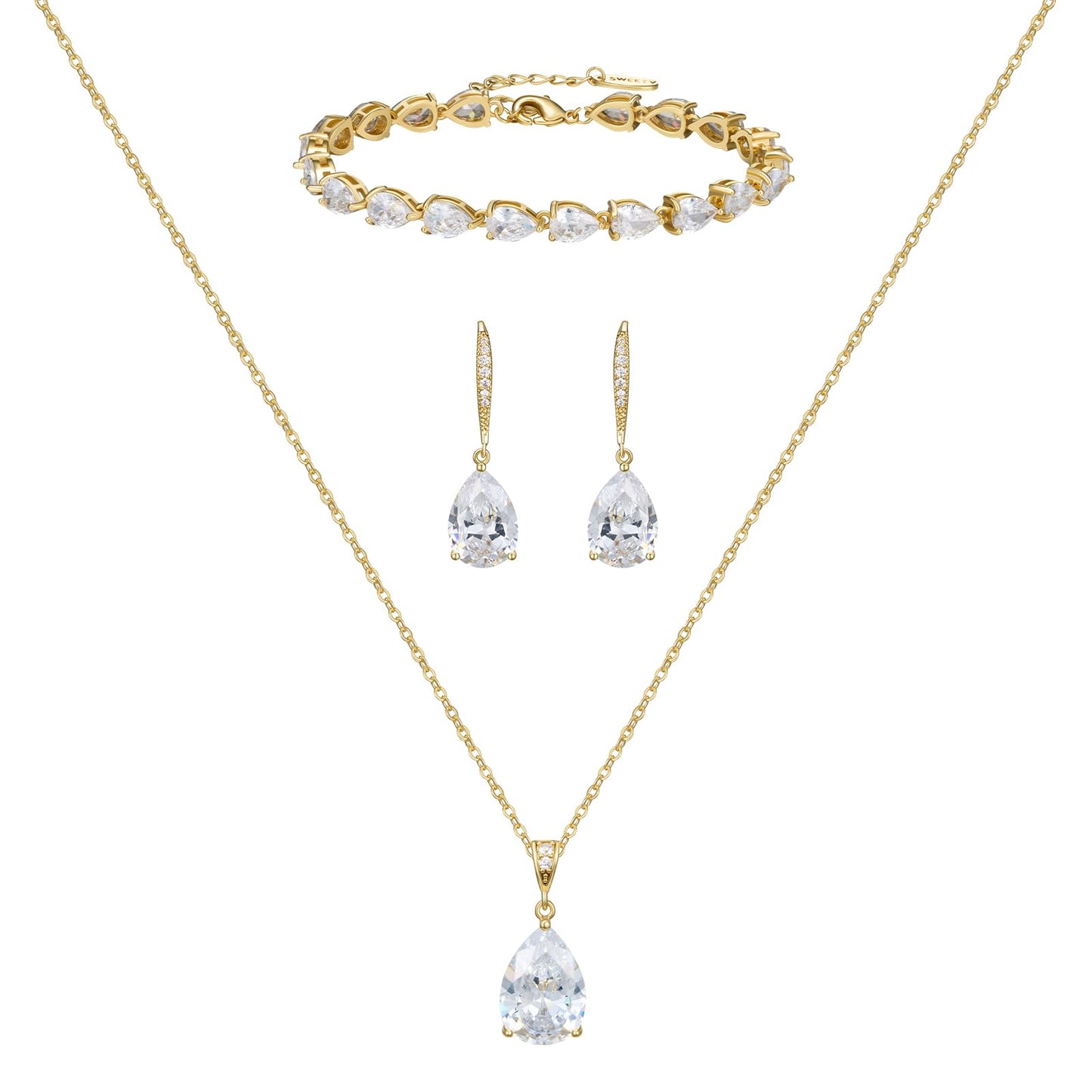 SWEETV Gold Bridal Jewelry Set for Wedding, Cubic Zirconia Crystal Wedding Jewelry Set for Bride Bridesmaid, Crystal Teardrop Pendants Earrings Necklace Bracelet Set for Prom