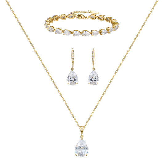 SWEETV Gold Bridal Jewelry Set for Wedding, Cubic Zirconia Crystal Wedding Jewelry Set for Bride Bridesmaid, Crystal Teardrop Pendants Earrings Necklace Bracelet Set for Prom
