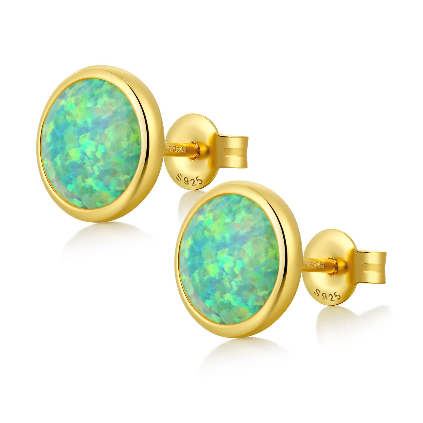 JiayangJY Silver Green Fire Opal Stud Earrings for Women 18K Yellow Gold Plated Sterling Silver Round Shape 8mm Opal Earrings with Push Back