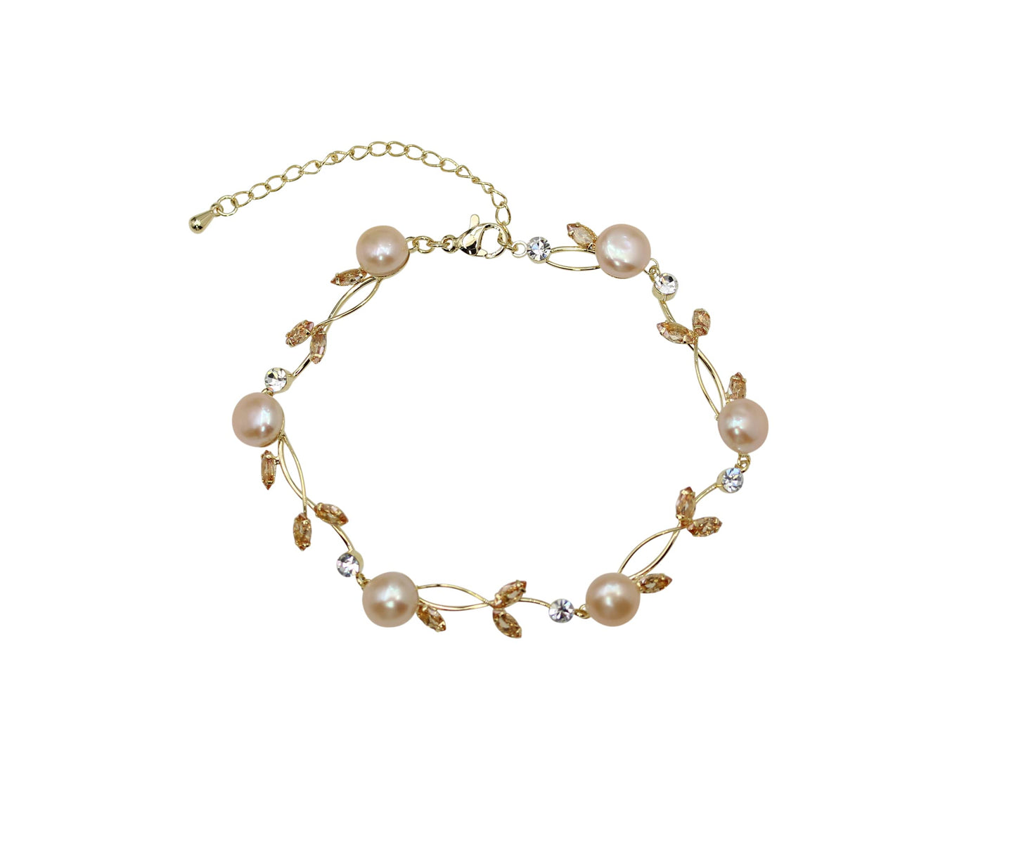 Faship Champagne CZ Crystal Genuine Freshwater Pearls Floral Bracelet 7.5" - 9.5" - Topaz Color Brown/Matching Bracelet