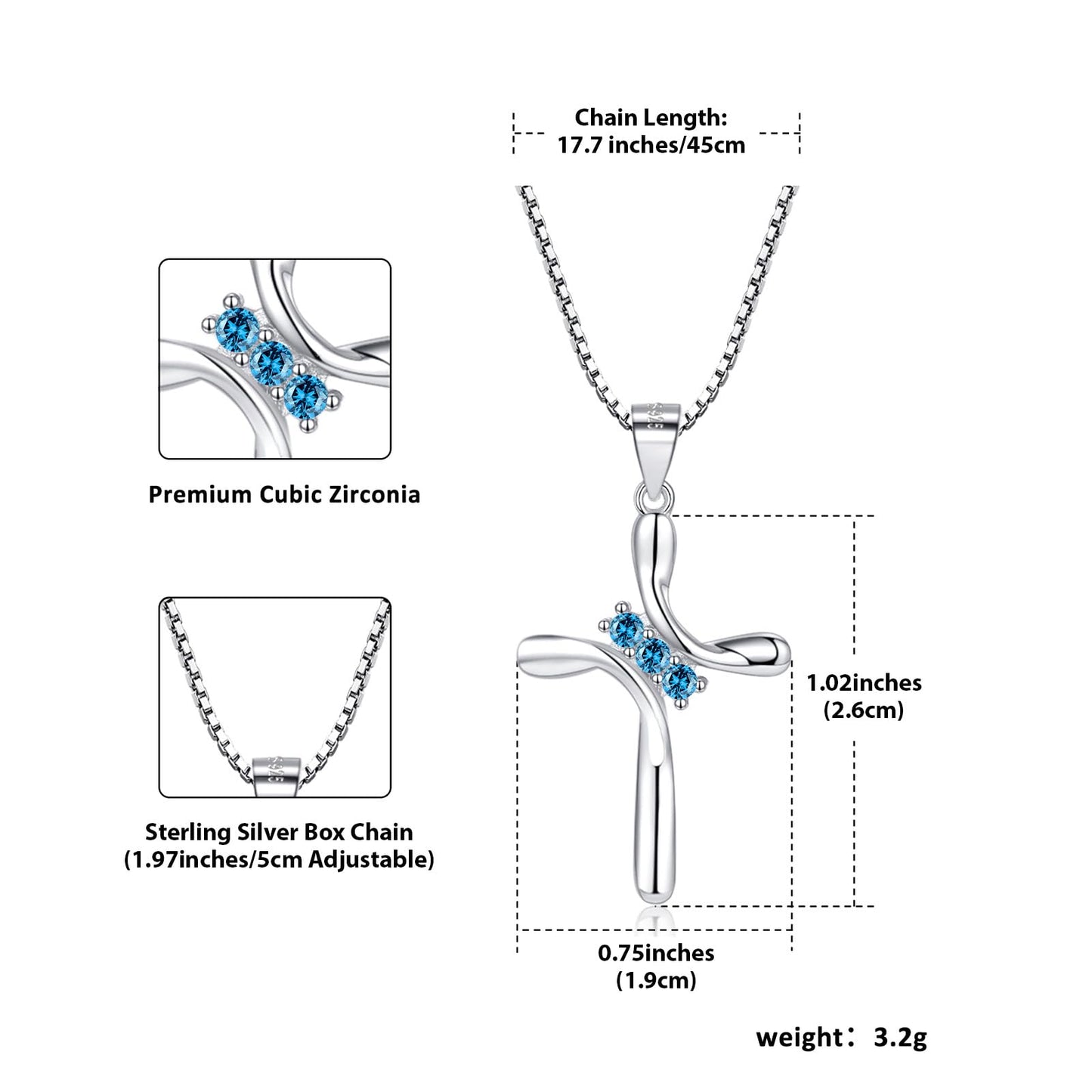 EVERU S925 Sterling Silver Cross Necklace for Women Birthstone Necklace with Cubic Zirconia 18K Gold Plated Cross Pendant Jewelry Ideal Gift Blue Topaz December