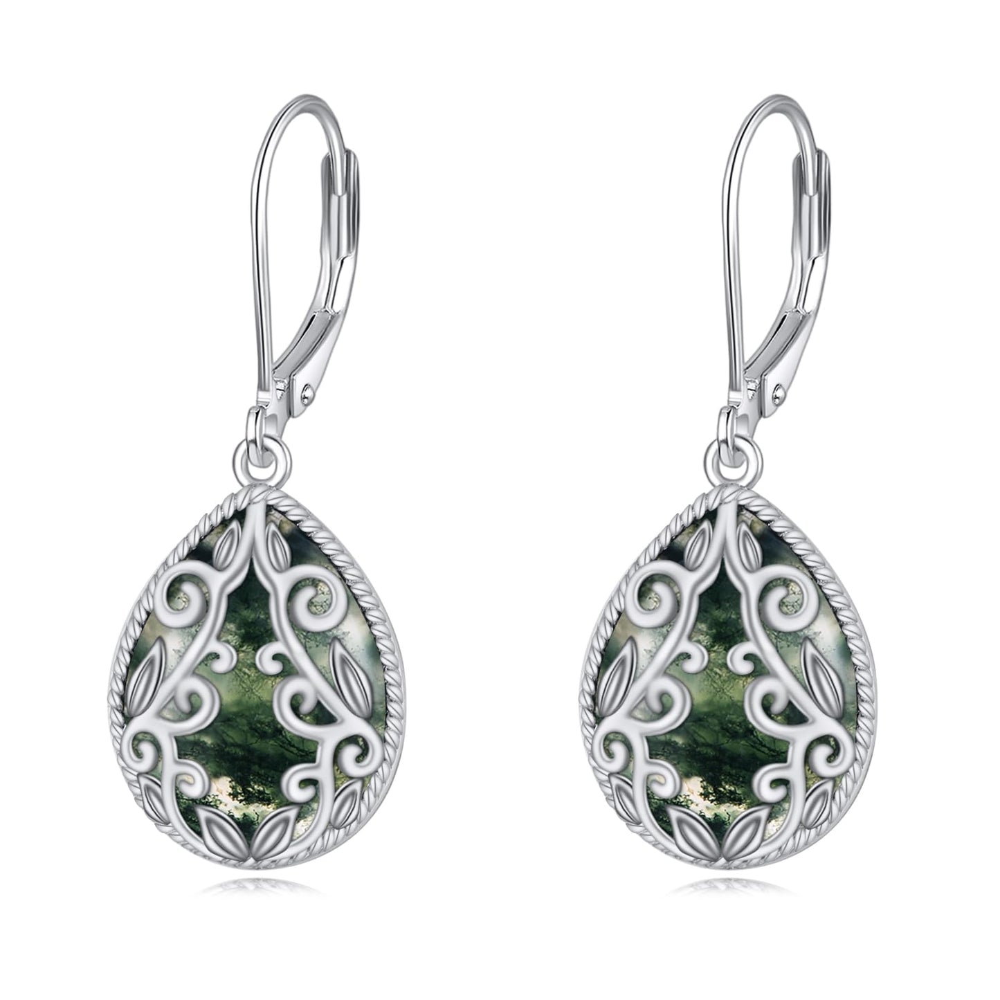 Moss Agate Earrings for Women 925 Sterling Silver Filigree Teardrop Dangle Leverback Earring Birthday Jewelry Gifts for Women