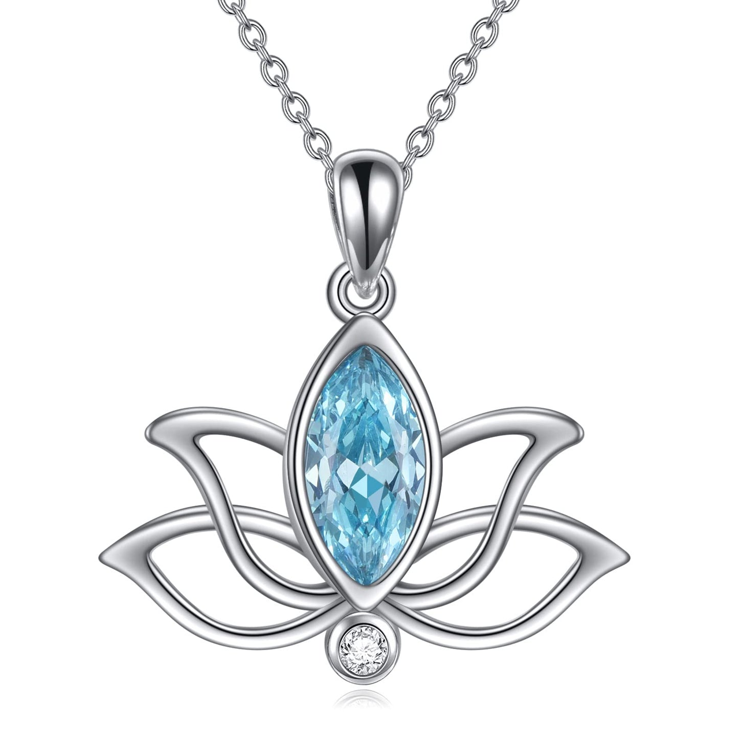 YFN Lotus Necklace Sterling Silver March Birthstone Pendant Created Aquamarine Jewelry Gifts for Women (Mar)