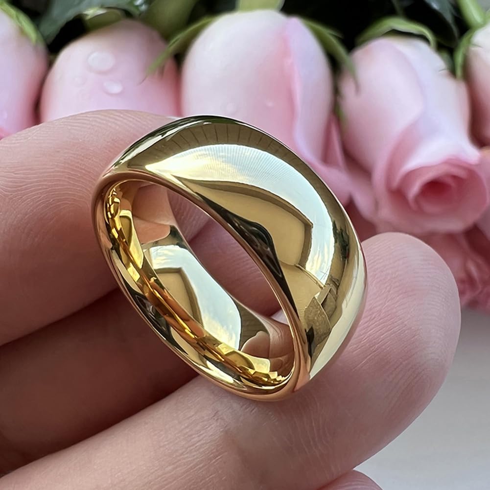 TUTISS 8mm Gold Tungsten Rings for Men Women Engagement Wedding Bands Domed Polished Comfort Fit Size 15