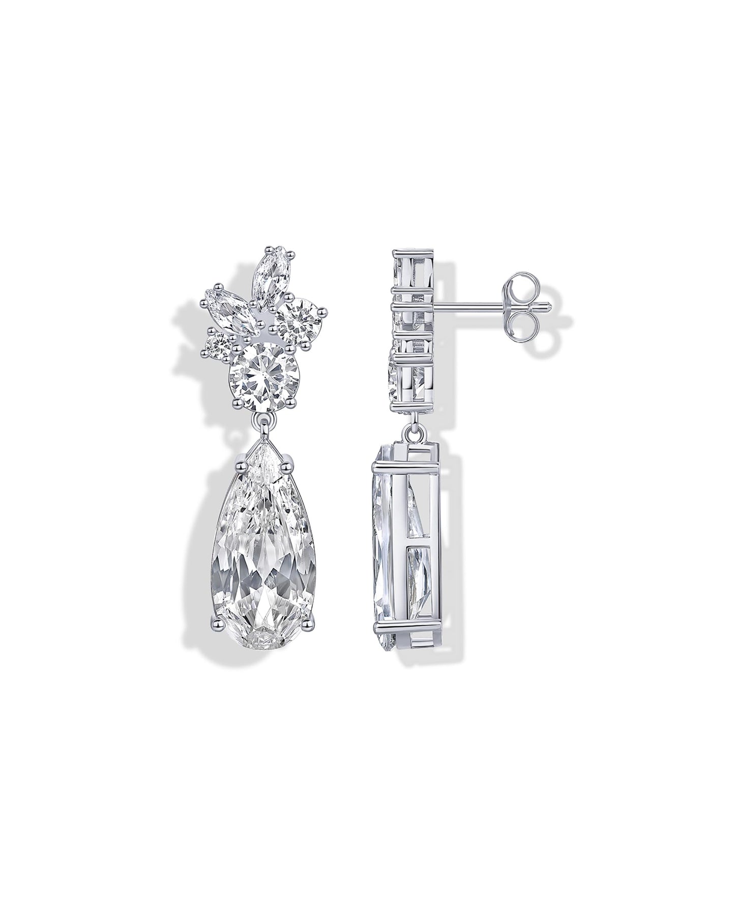 PAVOI Rhodium Plated Cubic Zirconia Dangle Earrings for Women - Crystal Long Linear Bridal Drop Earrings - Cluster CZ Pear Simulated Diamond Drop Dangle Wedding Jewelry for Brides & Bridesmaid