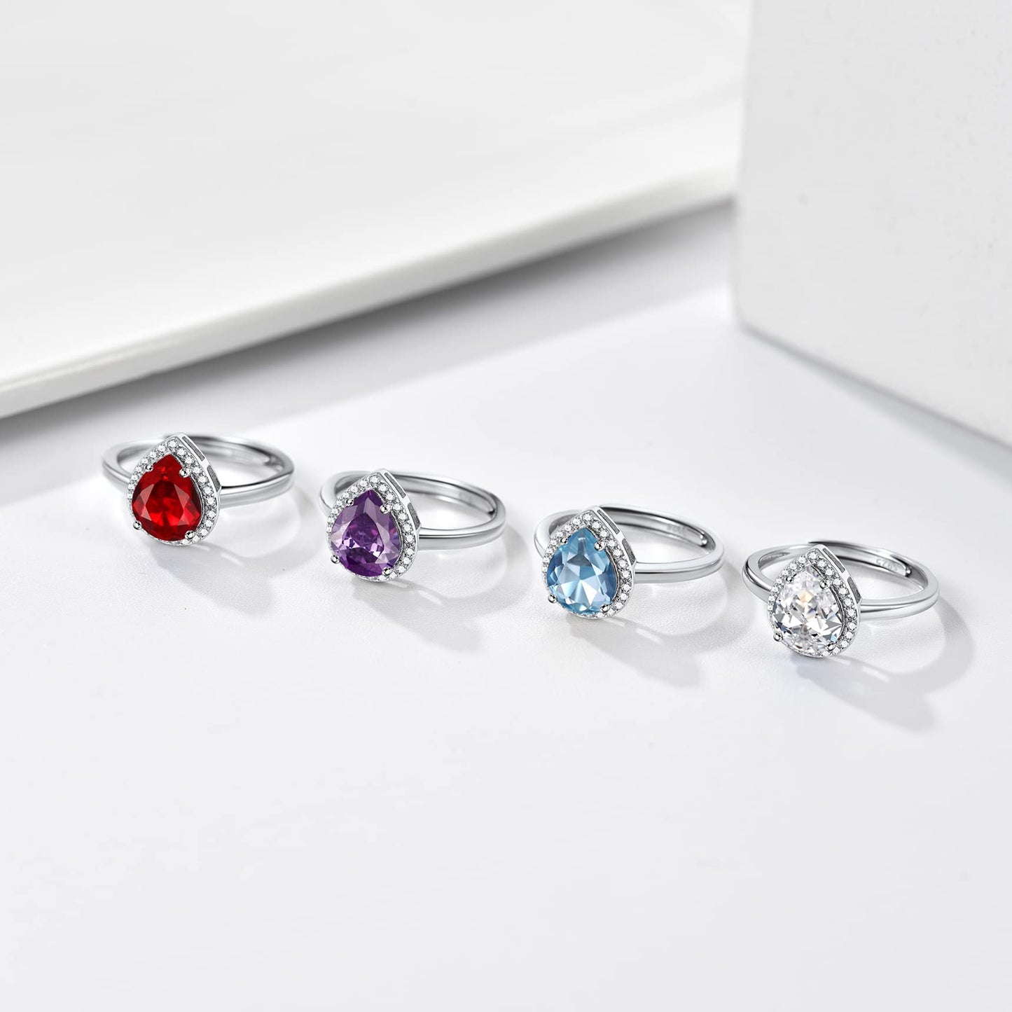 Bestyle 925 Sterling Silver Teardrop Crytsal Cubic Zirconia Rings | Classic Silver February Amethyst Crystal Birthstone Rings for Women, Great Birthday Gift for Wife/Mom/Grandma