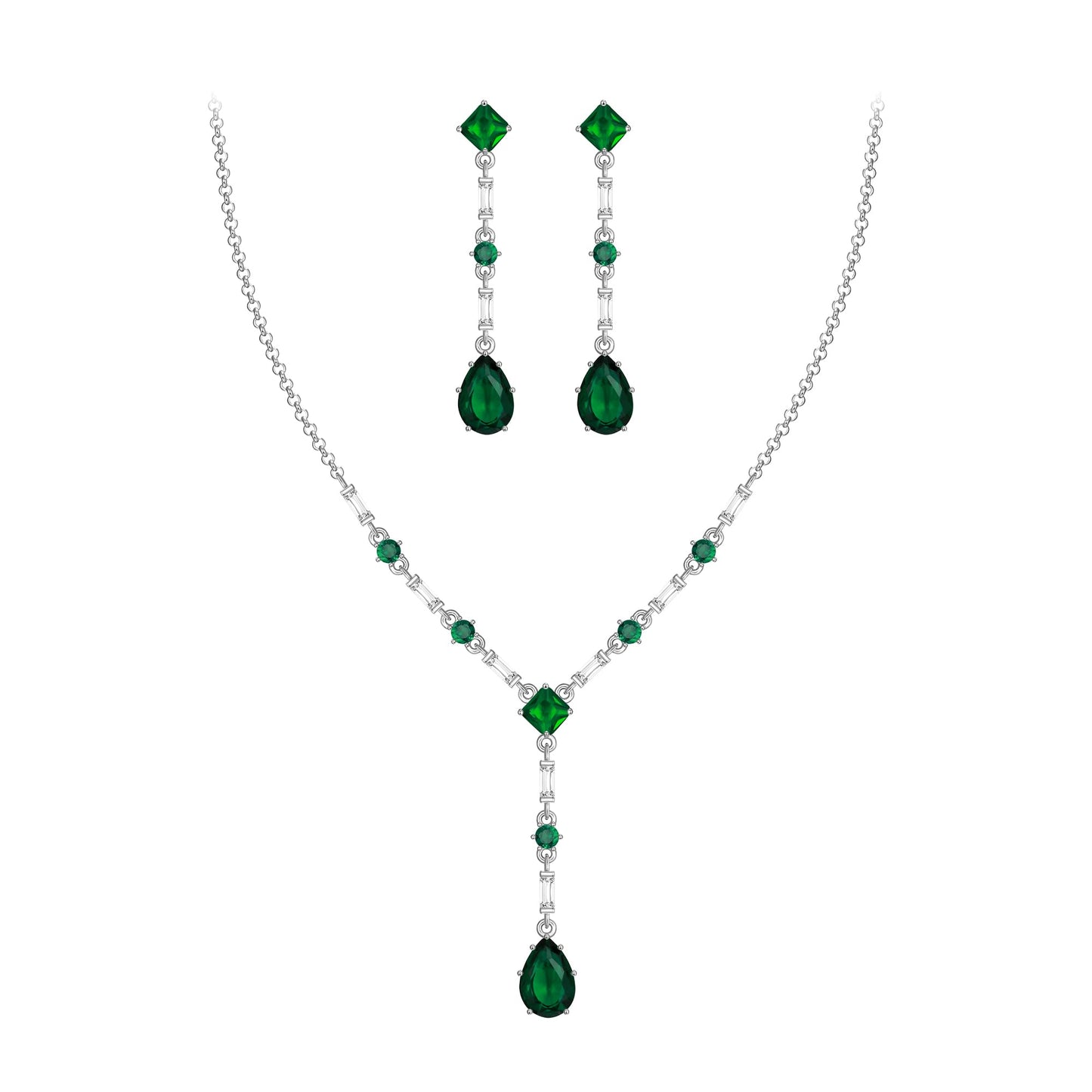 EVER FAITH Green Cubic Zirconia Jewelry Set Elegant Rhombic Birthstone Teardrop Wedding Prom Choker Necklace Dangle Earrings Sets for Women