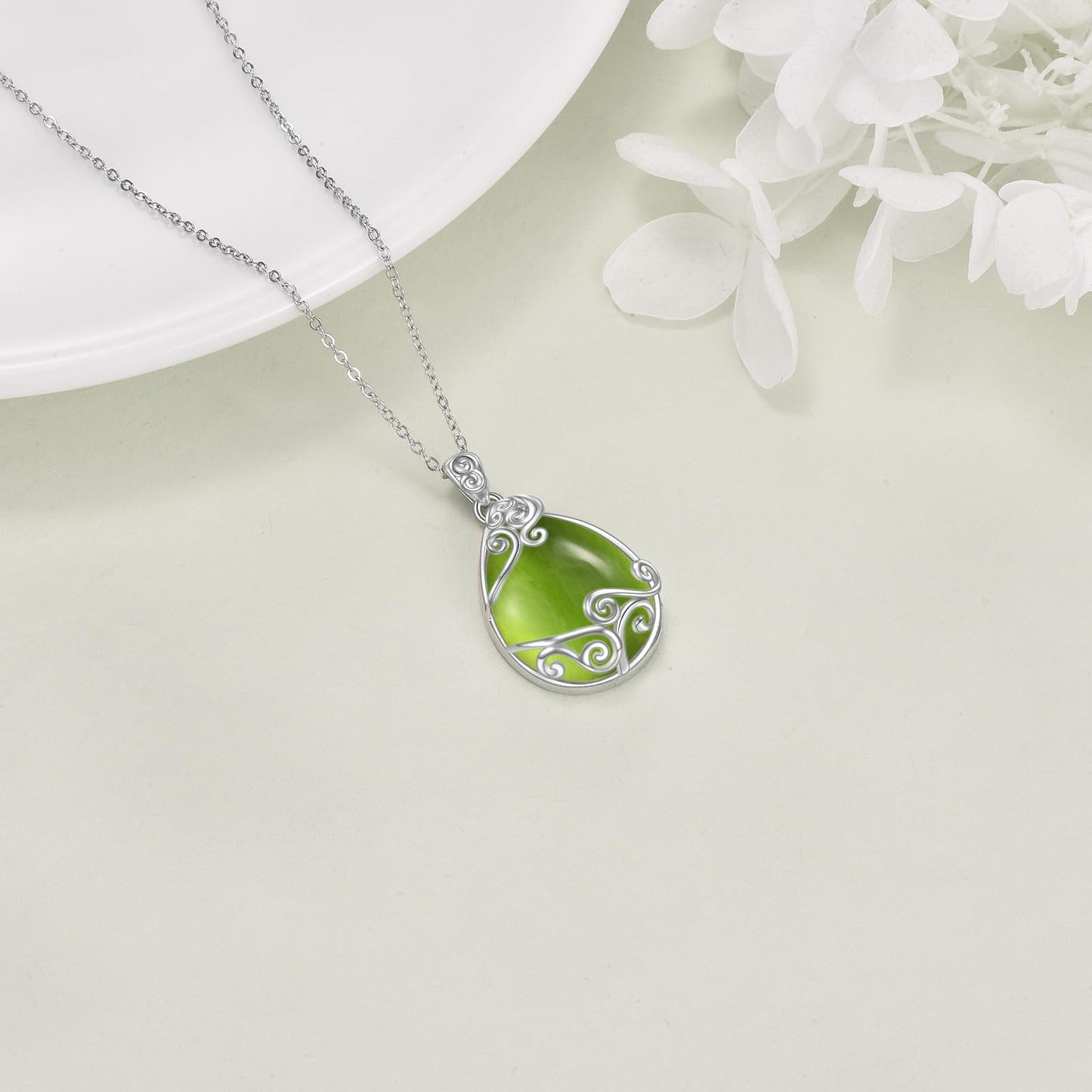 YAFEINI Sterling Silver Peridot Teardrop Pendant Necklace - Green Filigree Natural Stone Jewelry Gifts for Women