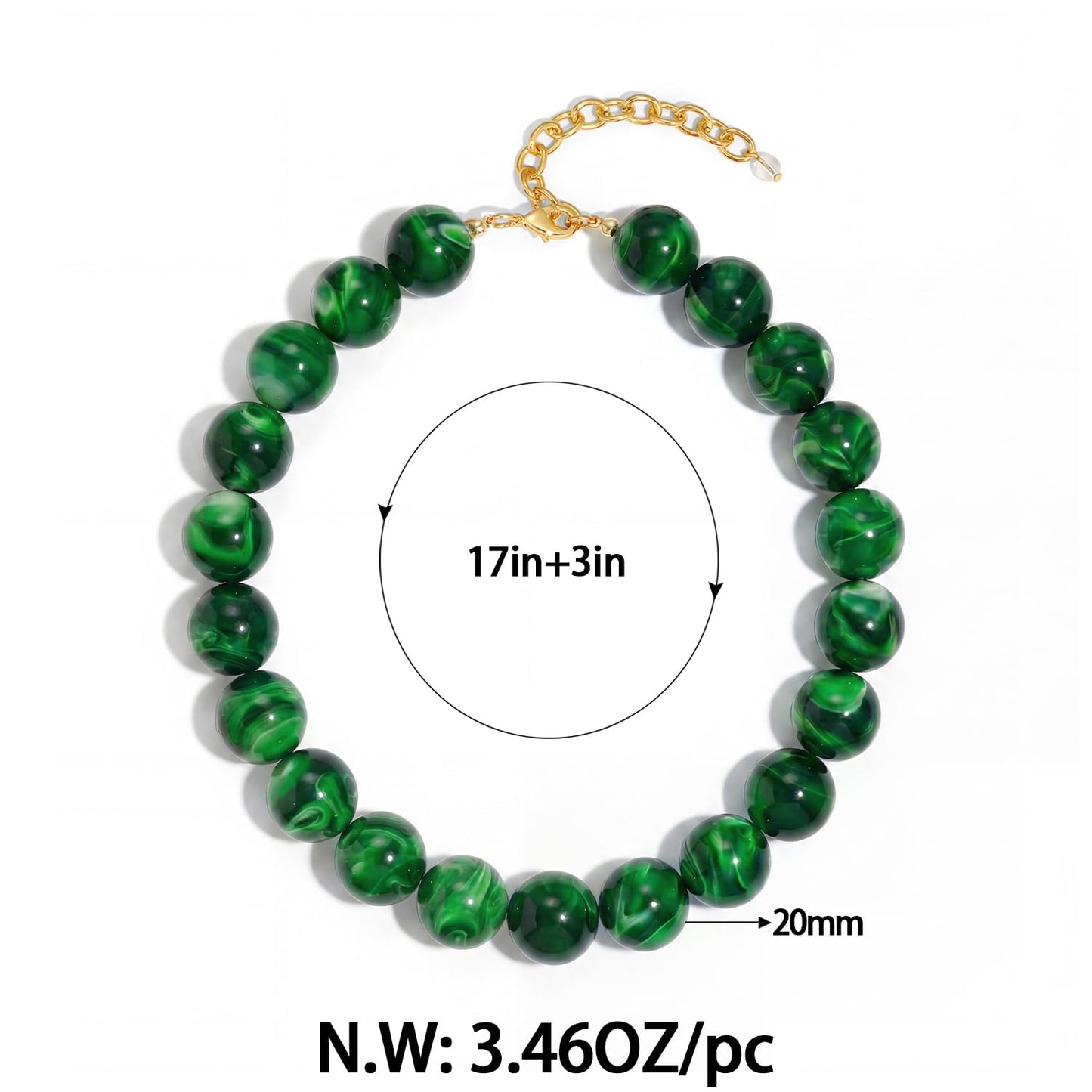 FAUTHENTICUTE Emerald Green Choker Necklace for Women Chunky Boho Beaded Statement Necklaces Adjustable Large Round Resin Bead Strand Necklace Trendy Summer Beach Jewelry Gift