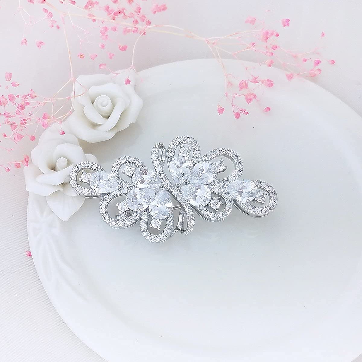 YOQUCOL White Cubic Zirconia Crystal Rhinestone Ribbon Shape Silver Tone Brooch Pin for Women Wedding Brides Jewelry