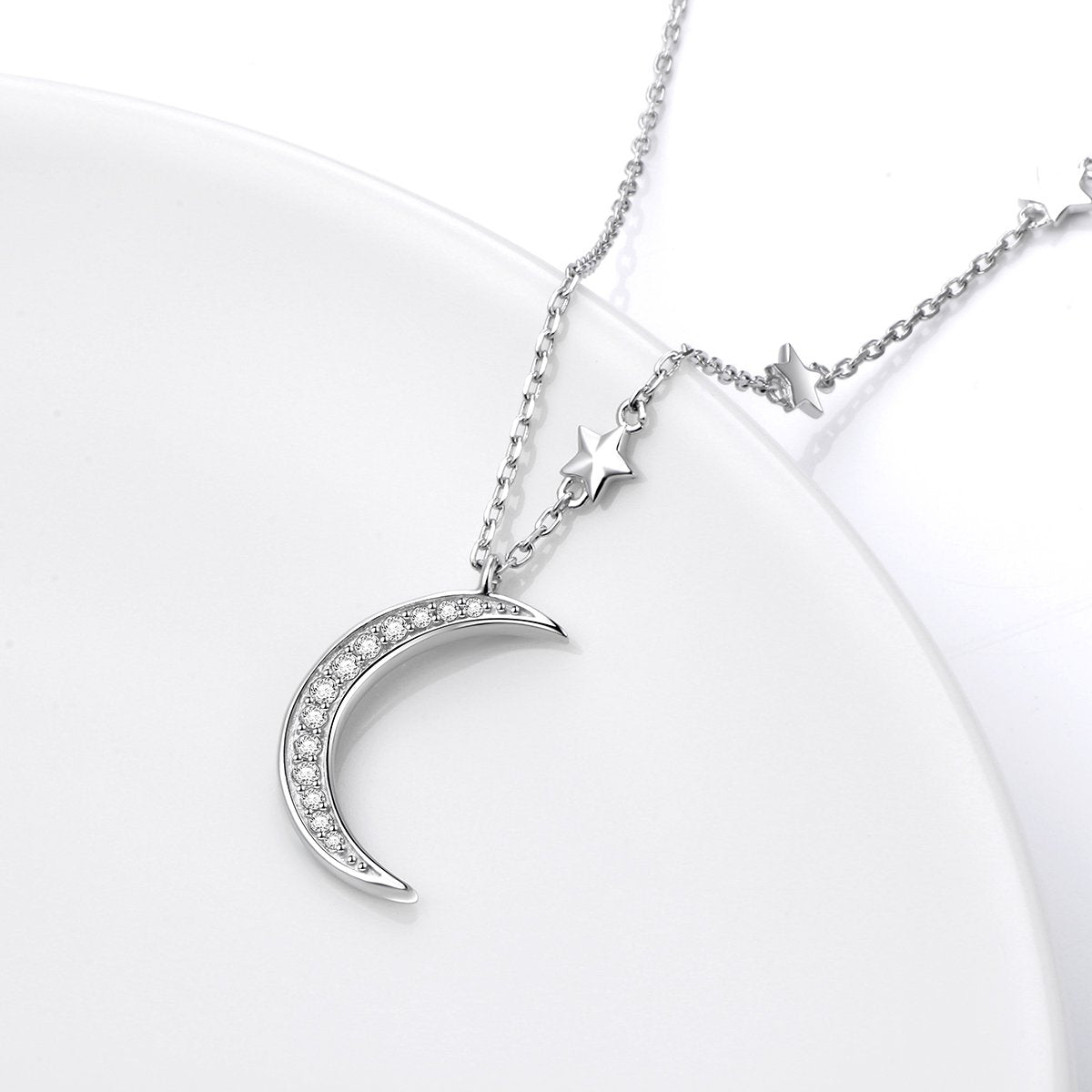 925 Sterling Silver Crescent Moon and Star Celestial Jewelry CZ White Shell Beads Mother of Pearl Pendant Necklace Rolo Chain 18 inches to 20 inches