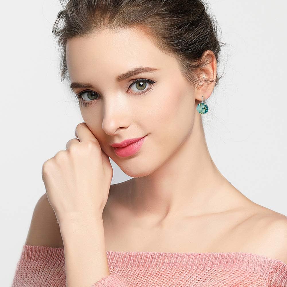 Multicolored Austrian Crystal Drop Earrings for Women 14K Gold Plated Hypoallergenic Leverback Dangle Earrings (Green Main Crystal/Silver-tone)