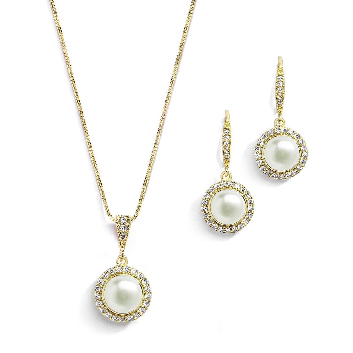 Mariell Pearl Bridal Wedding Necklace & Earrings Jewelry Set for Brides, Bridesmaids, 14K Gold Plated Bridal Jewelry