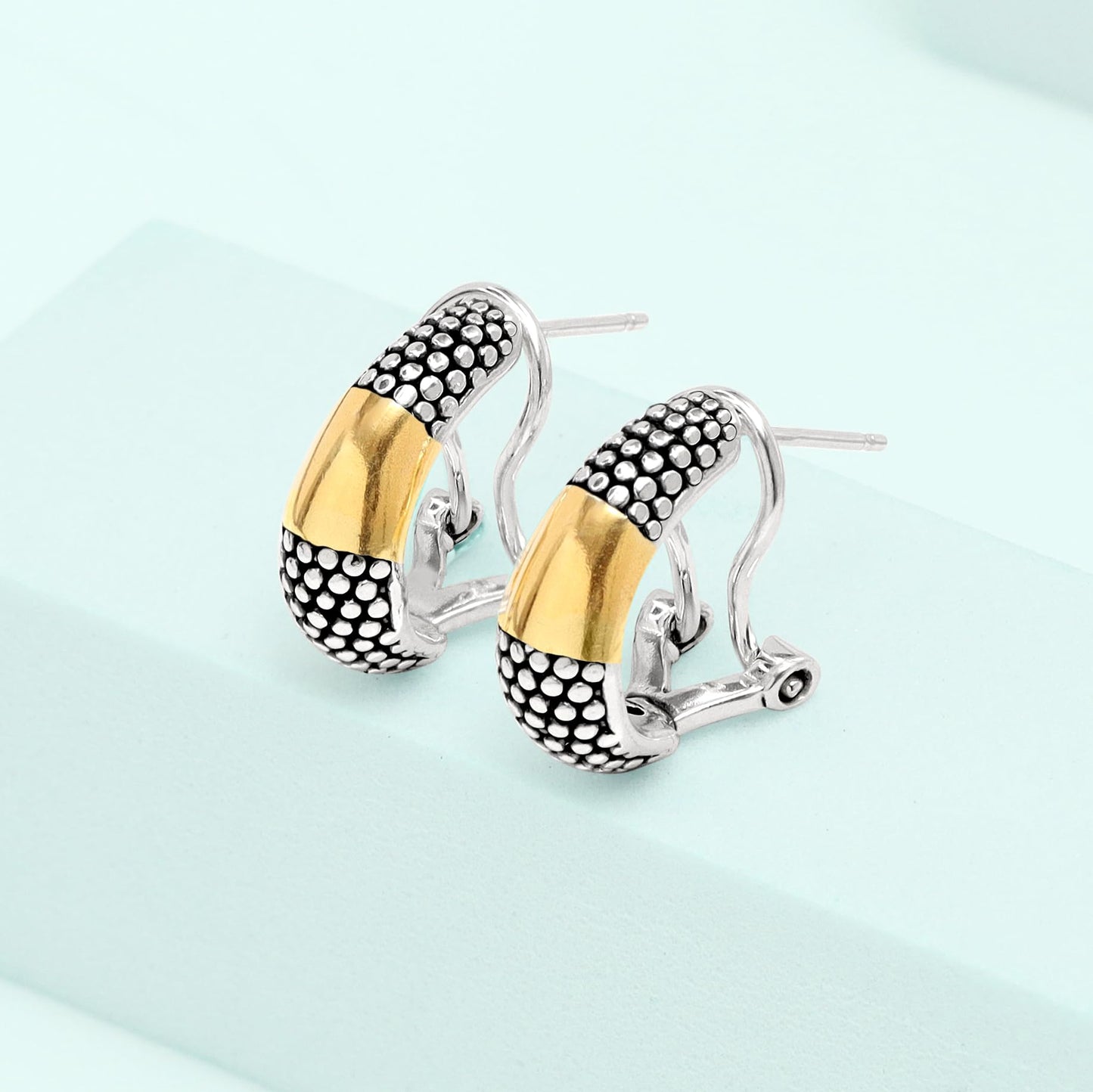 LeCalla 925 Sterling Silver Omega Back Earrings Jewelry Two-Tone Antique 14K Gold-Plated Bar Caviar Omega Back Large Stud Earrings for Women 17 MM
