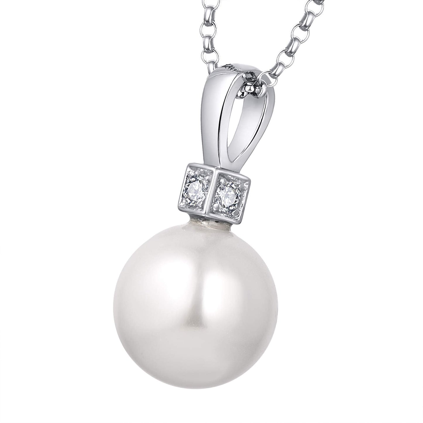 JO WISDOM Pearl Necklace,925 Sterling Silver Cubic Zirconia 11mm Large Simulated Pearl Pendant Necklace,Jewelry for Women