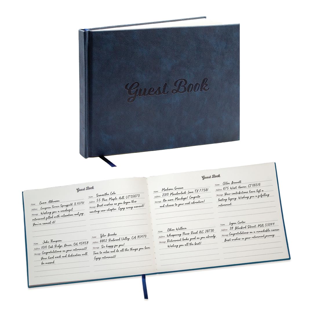 Modern Album Designs Navy PU Leather Guest Book - 9.5 x 7 Embossed Guestbook with Name Address Message Lines for Wedding Funeral Retirement Party, 140 GSM Paper, 120 Pages