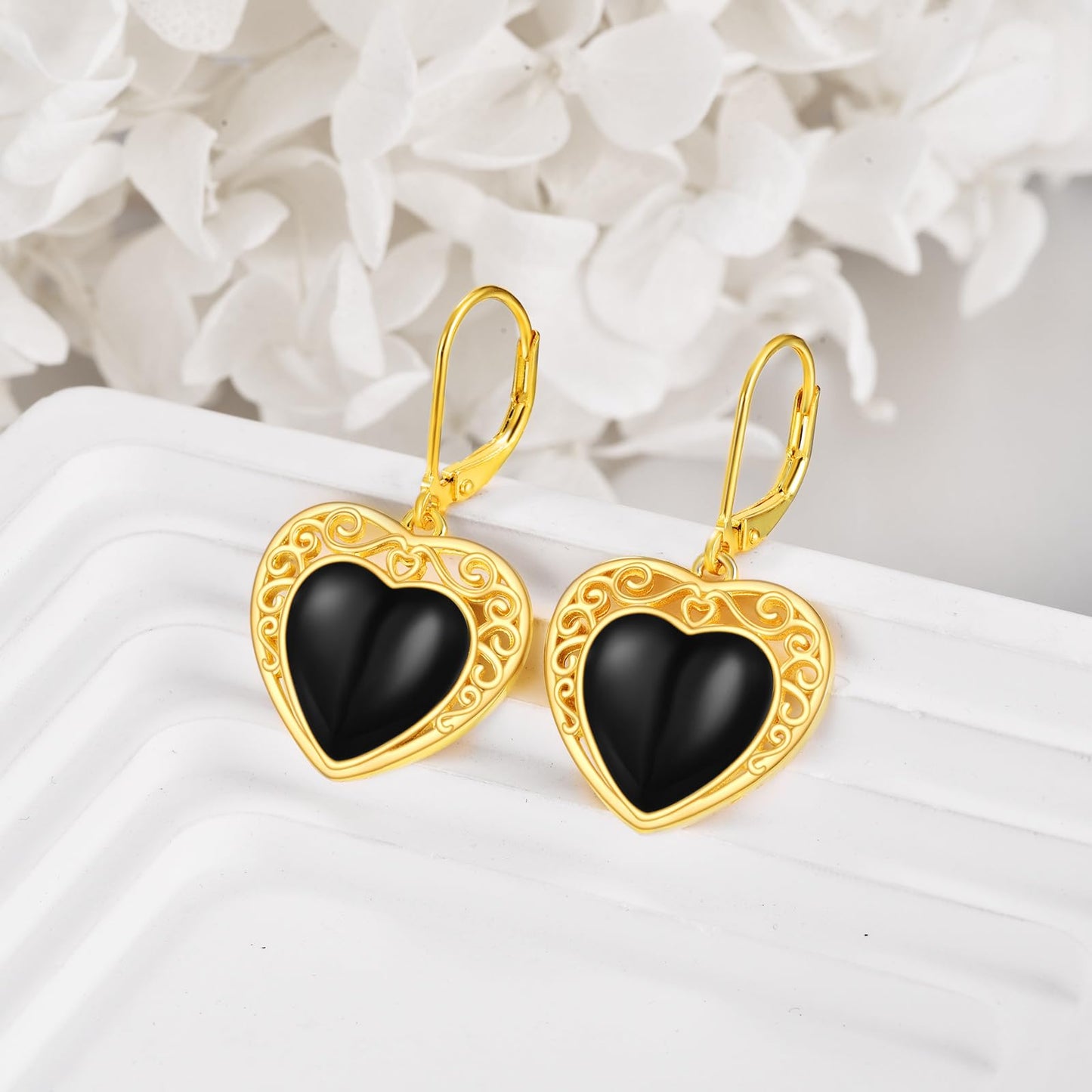 Black Onyx Drop Earrings for Women Sterling Silver 18K Yellow Gold Plated Heart Black Onyx Dangle Leverback Earrings Jewelry Gifts