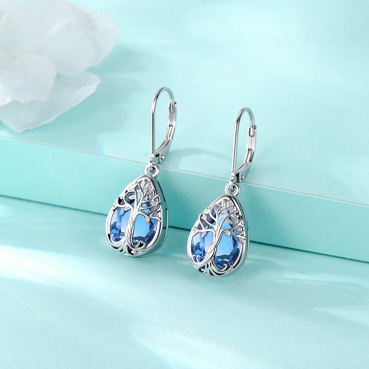 Eusense Tree of Life Earrings 925 Sterling Silver Drop Dangle Earrings for Women with Sapphire Teardrop Birthstone Jewelry Leverback Sterling Silver Jewelry Gift