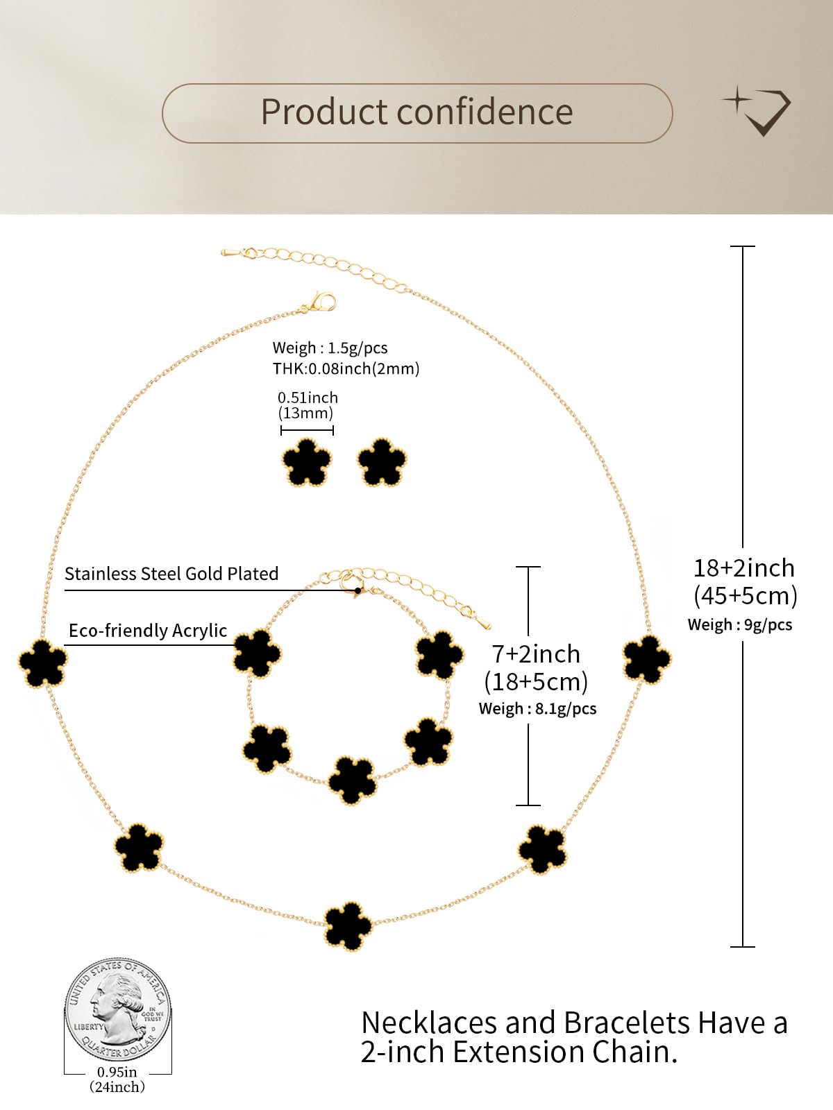 Qinpan Five Leaf Clover Necklace Bracelet and Stud Earrings Set for Women Lucky Flower Jewelry (Black-14K Gold Plated)