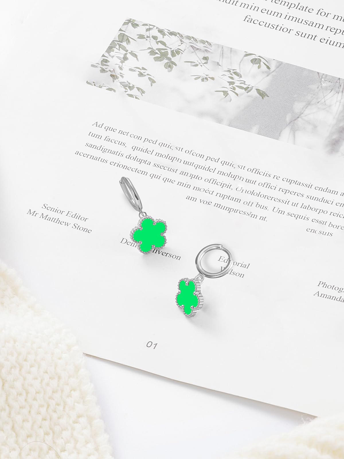 Gold Plated Five Leaf Clover Dangle Earrings for Women Lucky Flower Jewelry (Lime Green-White Gold Plated)