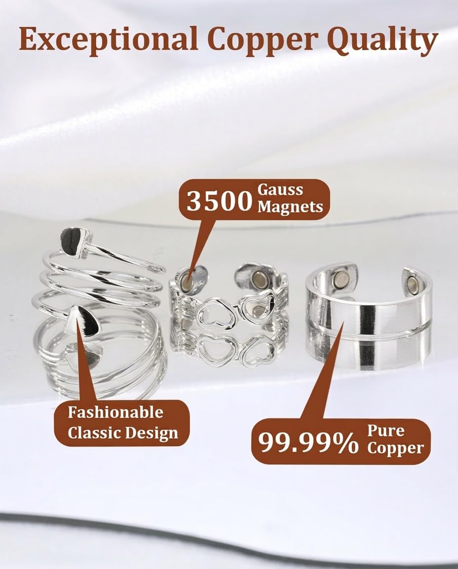BioMag Copper Rings for Women, 99.99% Pure Copper Magnetic Rings Thumb Rings for Lymphatic Drainage, Adjustable Jewelry Gifts for Women (Silver)