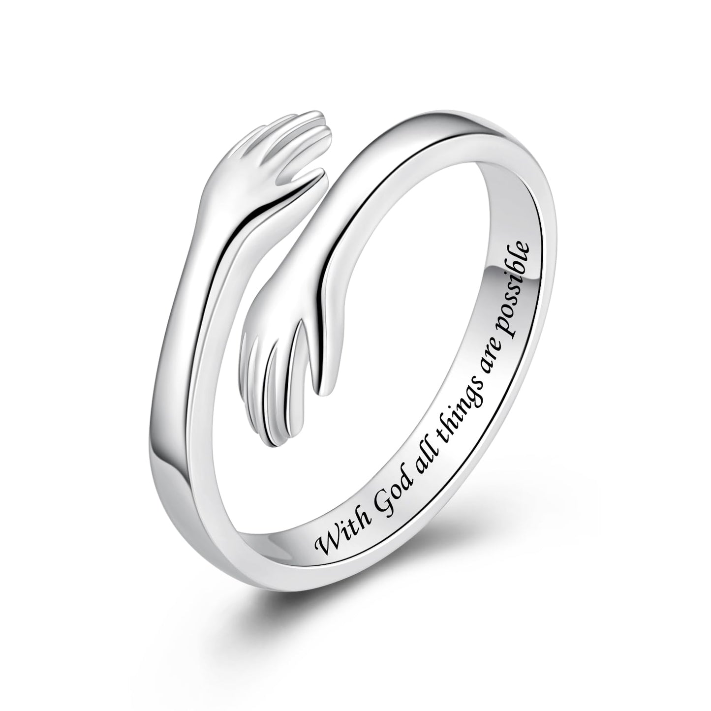 ACJFA S925 Sterling Silver Hug Ring for Women Adjustable Thumb Ring Birthday Gifts (With God all things are possible)