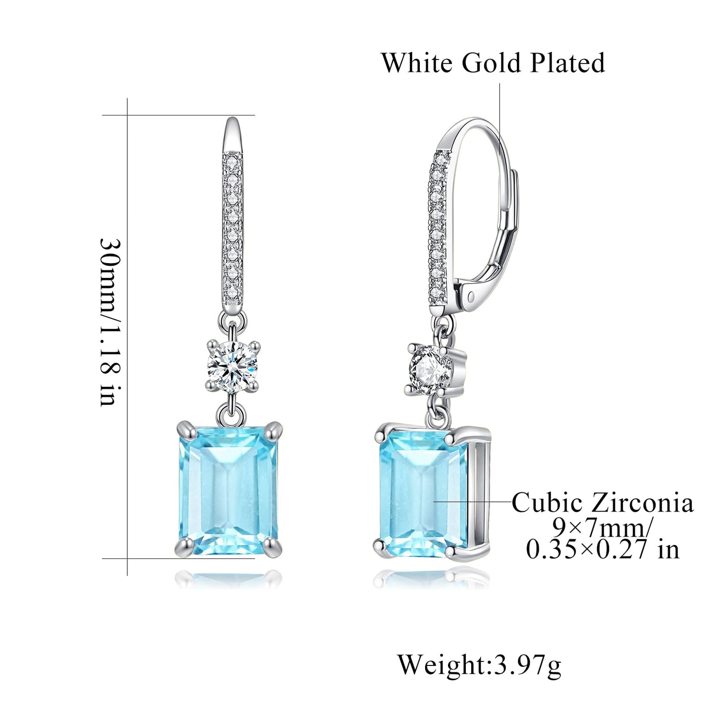 CiNily Rectangular-cut Drop Dangle Earrings Hypoallergenic, 14K White Gold Plated Light Blue Cubic Zircon Earrings Diamond Dangle Earrings Jewelry Birthday