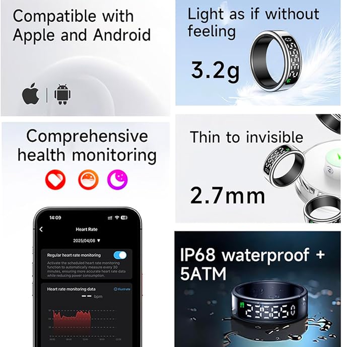 Smart Health Ring with Screen,for Women Men Fitness Tracker Heart Rate, Blood Oxygen, HRV, Sleep Monitoring, Step Counting, IP68 for iPhone and Android, No Subscription Fee (Black, 10#)