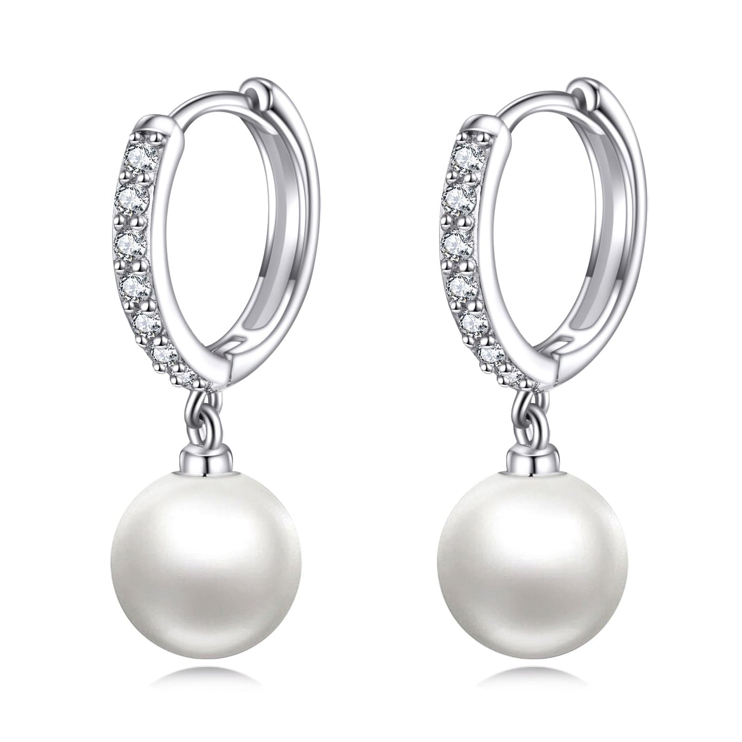 925 Sterling Silver Pearl Hoop Earrings Dangle Drop Jewelry Gifts for Women (Pearl-CZ)