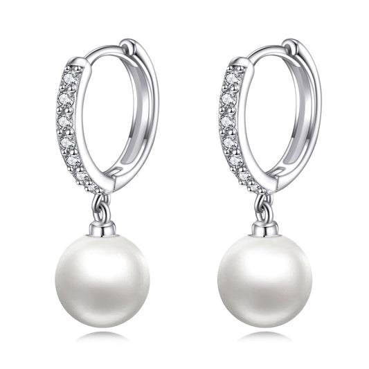 925 Sterling Silver Pearl Hoop Earrings Dangle Drop Jewelry Gifts for Women (Pearl-CZ)