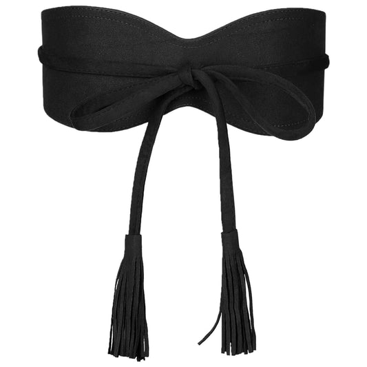 Elerevyo Womens Faux Suede Tassel Belt, Vintage Bow Tie Corset Cinch Obi Belts Waistband for Dress 65-106cm/25.59-41.73" Black