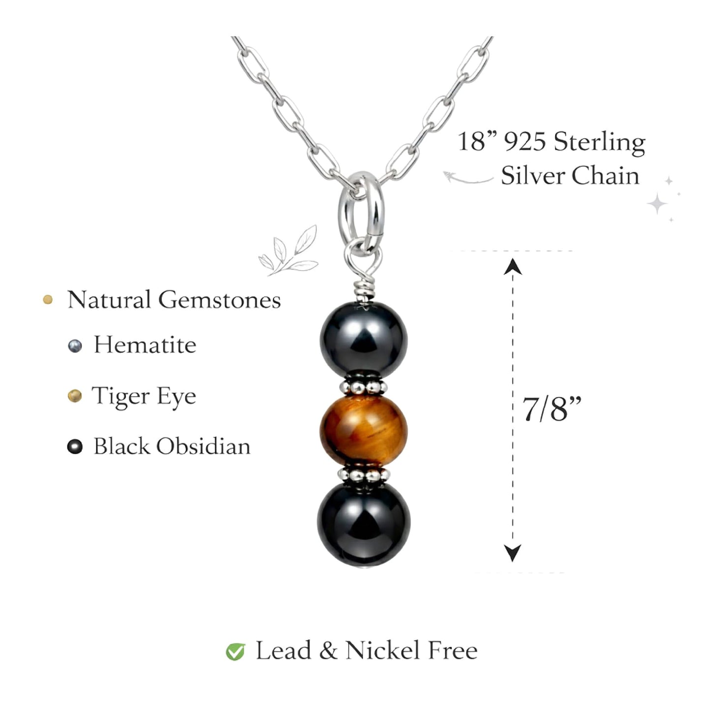 925 Sterling Silver Triple Protection Necklace, Handmade Healing Jewelry for Luck Prosperity Happiness, Natural Hematite Tiger Eye and Black Obsidian Pendant, Spiritual Gift for Men or Women