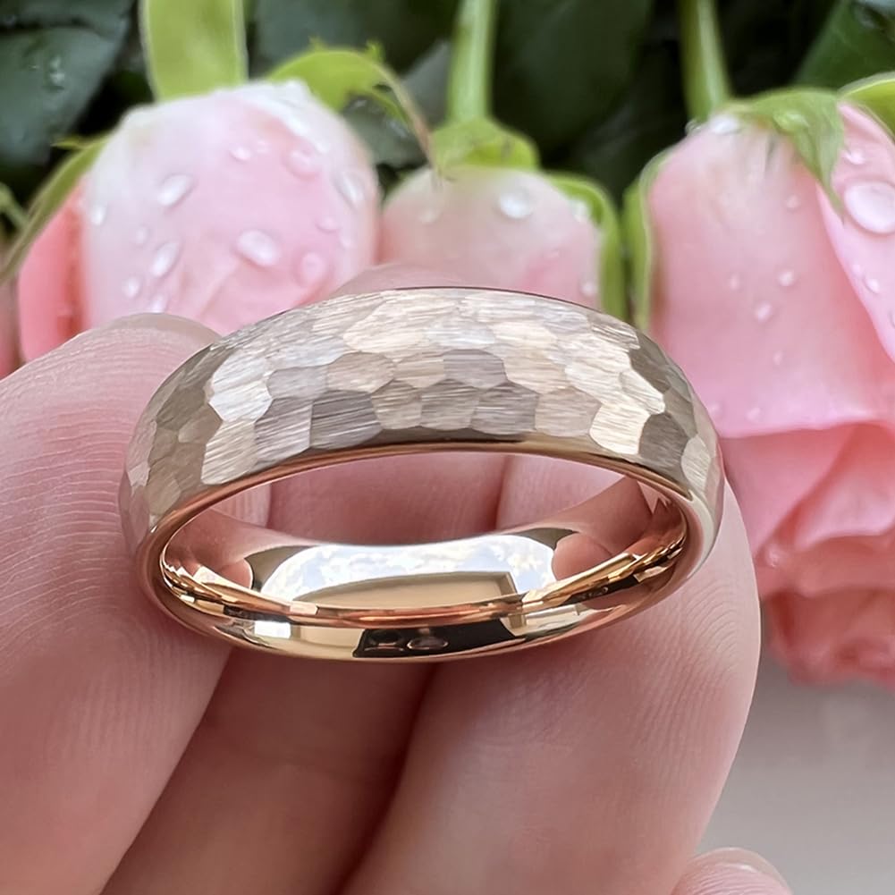 TUTISS 6mm Rose Gold Hammered Tungsten Rings for Men Women Engagement Wedding Bands Domed Matte Finish Comfort Fit Size 8