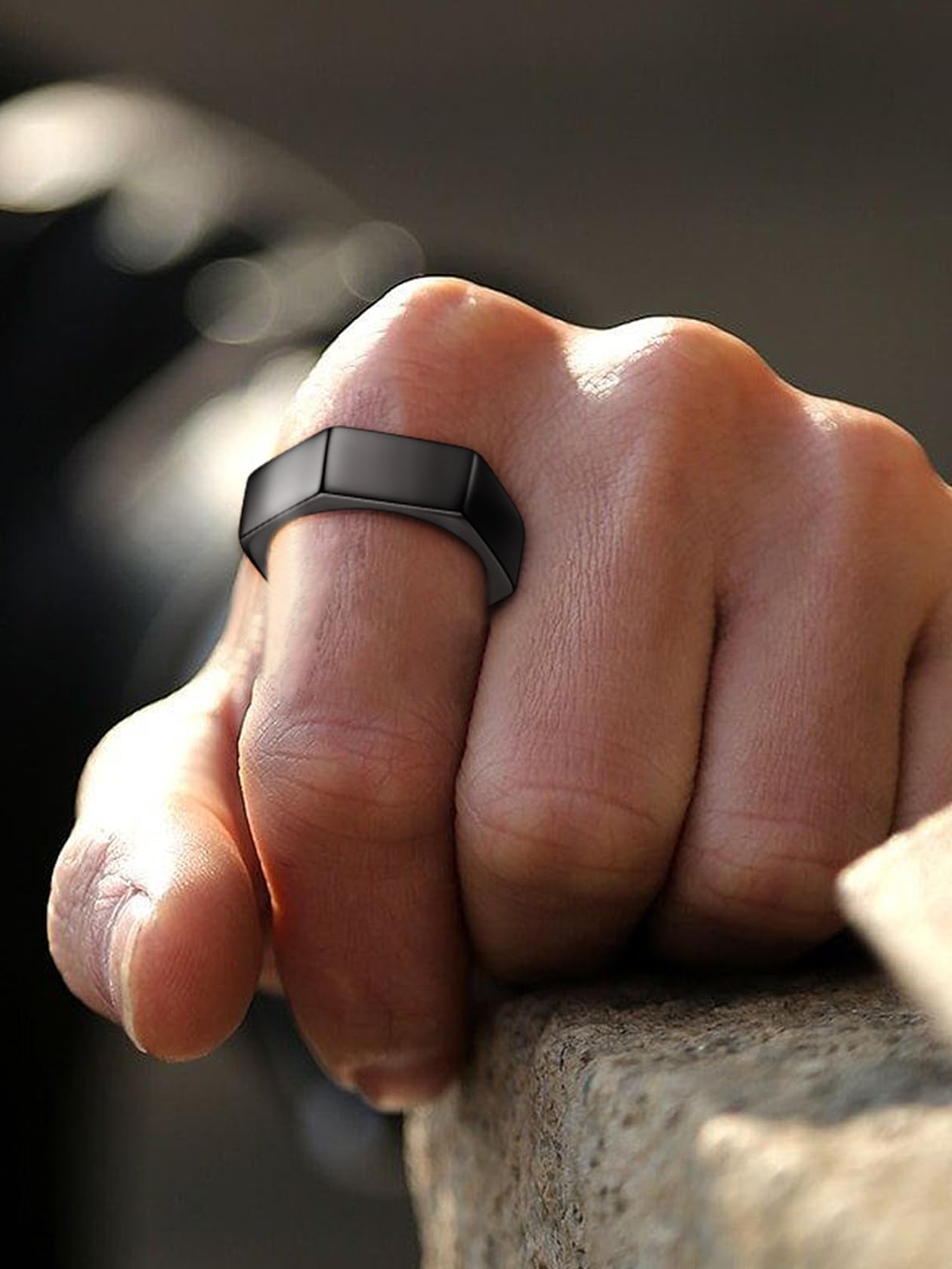 ChainsHouse Black Biker Ring Stainless Steel Jewelry Size 7 Punk Hexagon Geometric Band Rings