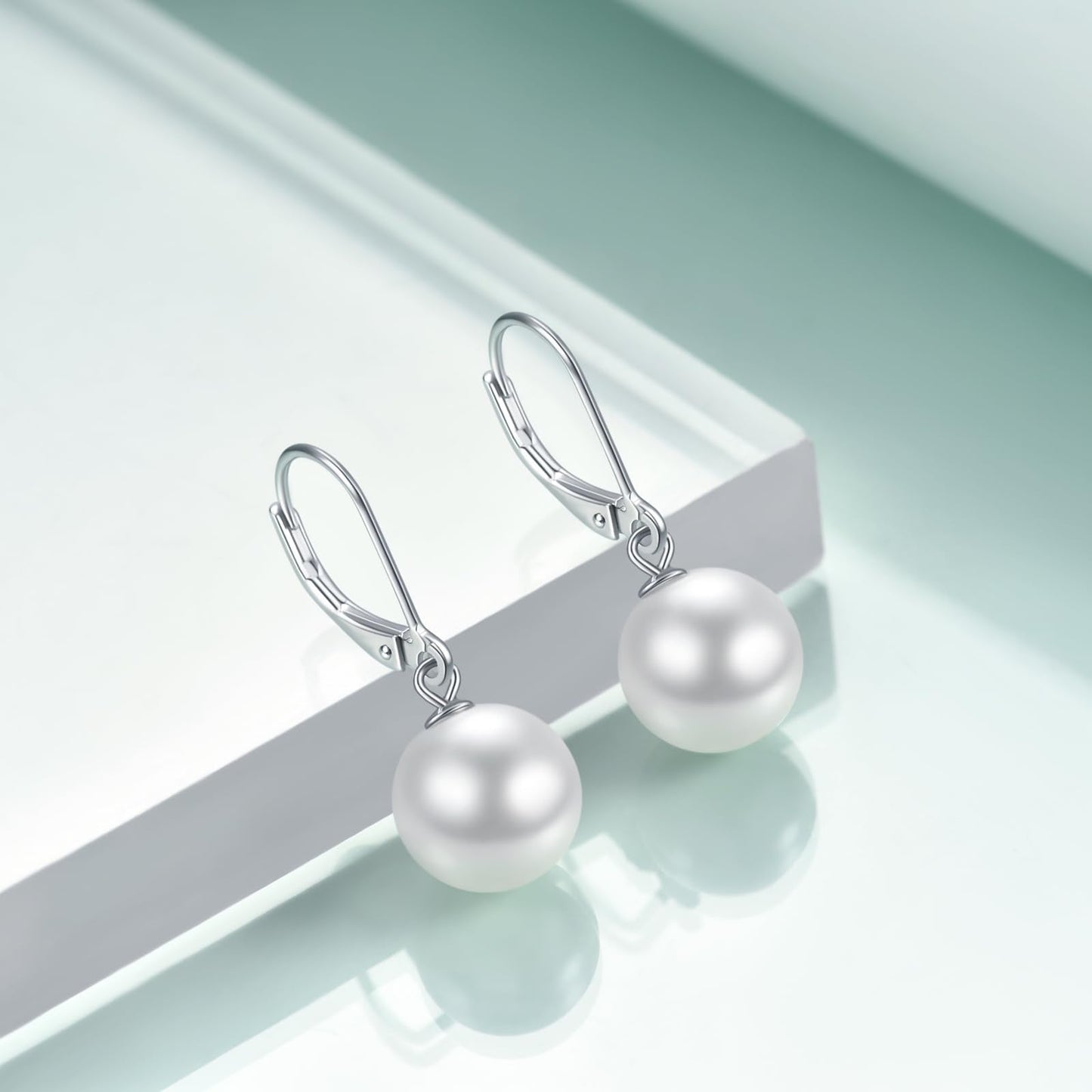 Rnivida 925 Sterling Silver White Pearl Earrings Leverback Pearl Drop Earring for Women,10MM Hypoallergenic Pearl Dangle Earring for Daily,Bridesmaid Bridal Wedding