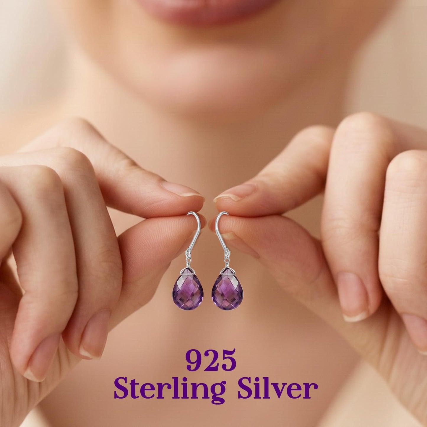GemInspire Amethyst Teardrop Dangle Earrings for Women, Leverback Pear Shaped Gemstone, 925 Sterling Silver Leverback Hoops, Handmade February Birthstone Jewelry Gift