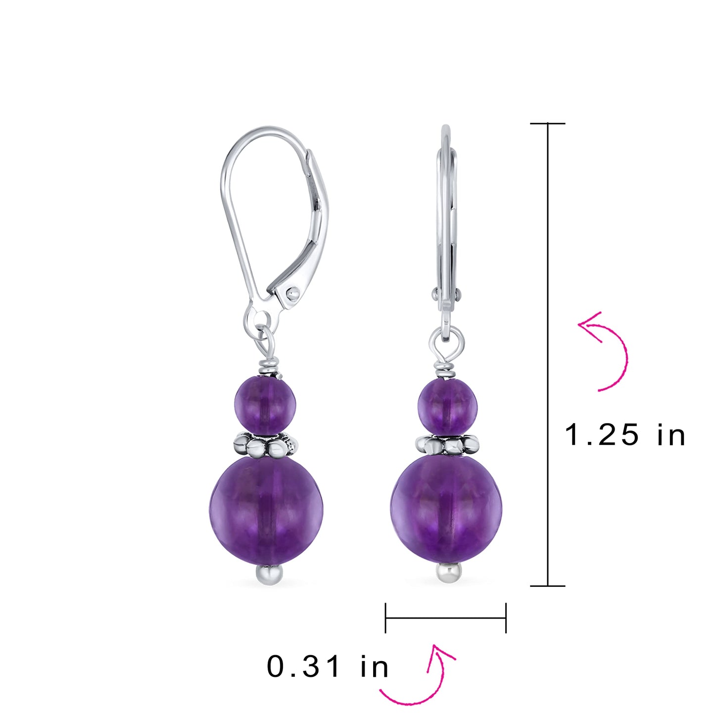 Bling Jewelry Bali Style .925 Sterling Silver Purple Amethyst Bead 3MM & 8mm Balls Drop Earrings Milgrain Rondel Separator Lever Back Genuine Gemstone
