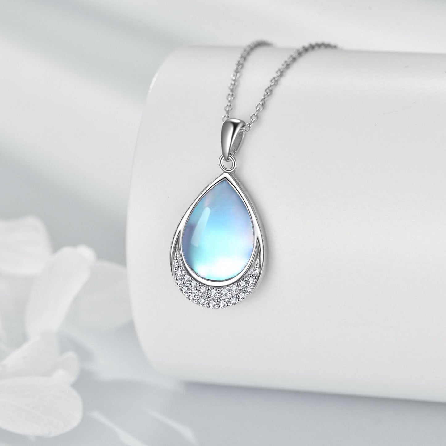 YAFEINI Moonstone Necklace 925 Sterling Silver Cubic Zirconia Teardrop Pendant Necklace Jewelry for Women(V-Cubic Zirconia Moonstone Necklace)