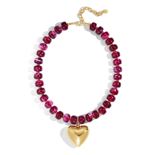 ENSKEFEN Chunky Heart Necklaces for Women Grape Purple Resin Beaded Choker Necklace Adjustable Chunky Statement Necklace Trendy Summer Beach Vacation Jewelry